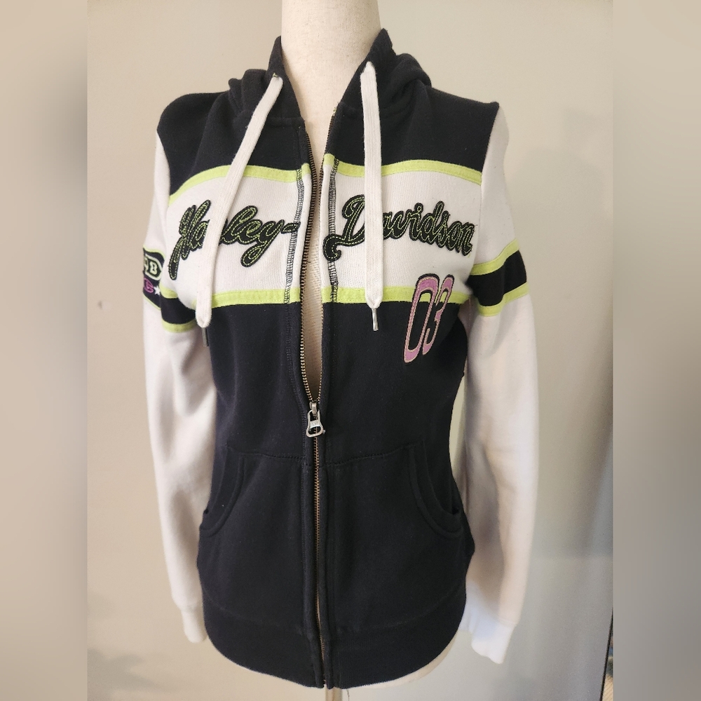 Harley-Davidson Black and White Hooded Jacket. Lime Green And Pink Accents